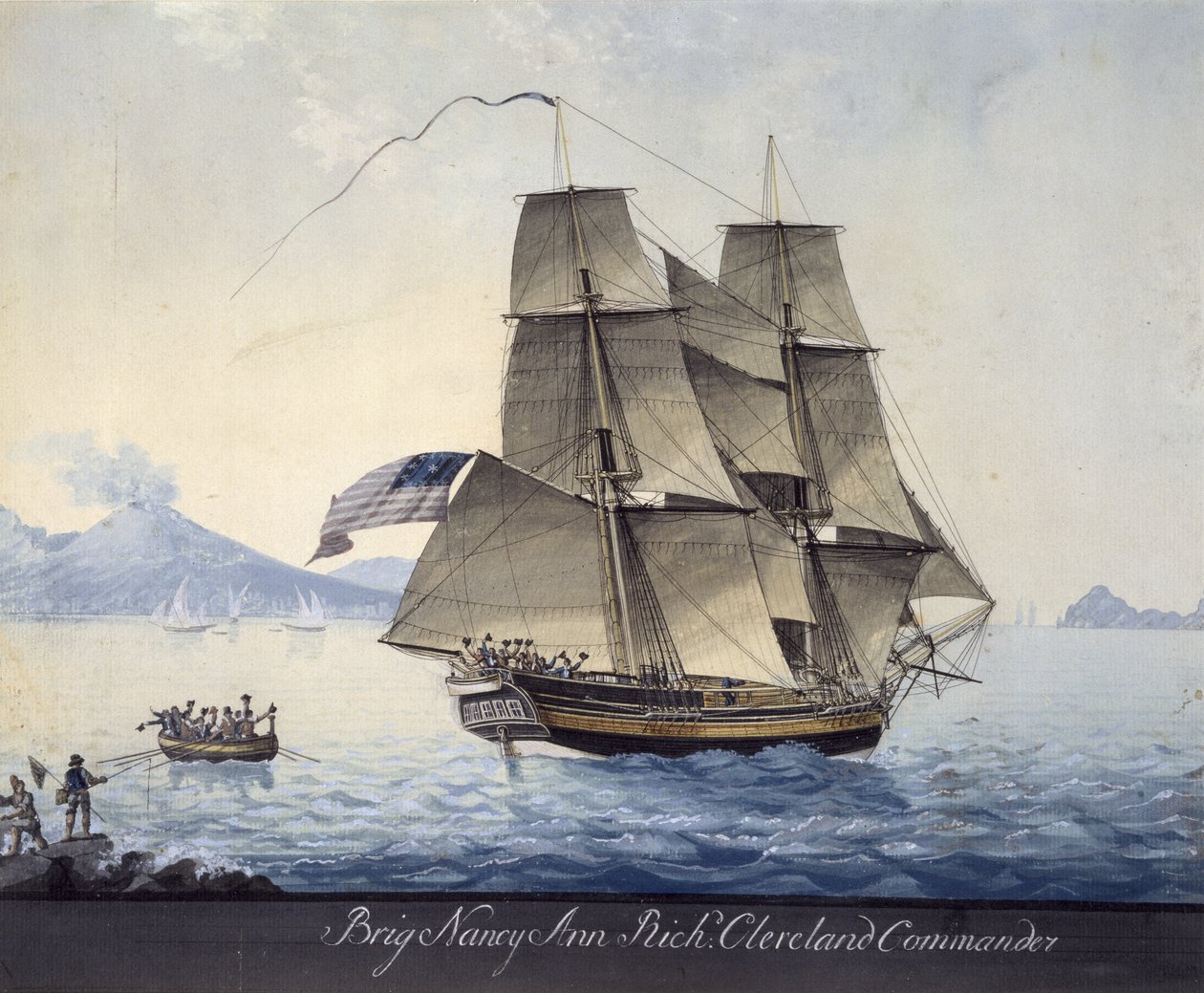 Brig Nancy Ann of Salem forlader Napoli, ca. 1810 (akvarel på papir) af Michele Felice Corne