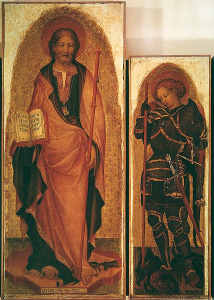 Sankt Jakob med helgener, detalje af Sankt Jakob og Ærkeenglen Sankt Mikael, ca. 1450 (tempera på panel med guld) (detalje af 256989) af Michele Giambono