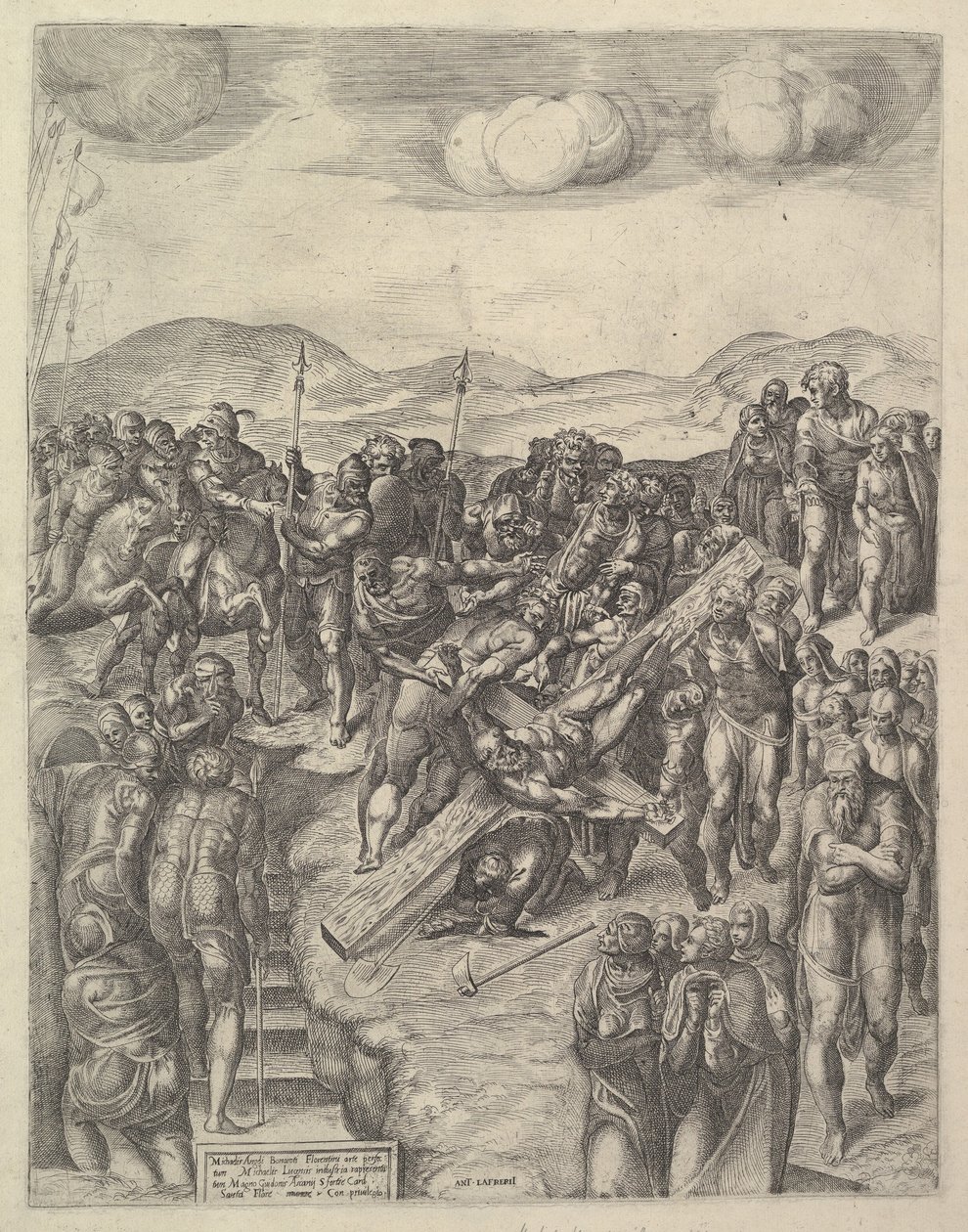 Sankt Peters korsfæstelse, efter Michelangelos fresker i Pauline Chapel, Va..., 1550-60. af Michele Lucchese