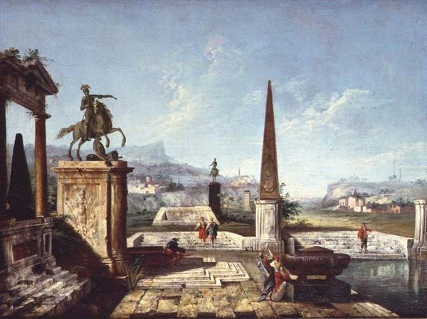 En Capriccio af klassiske monumenter, en obelisk med soldater ved en pool og bjerge hinsides (olie på lærred) af Michele Marieschi