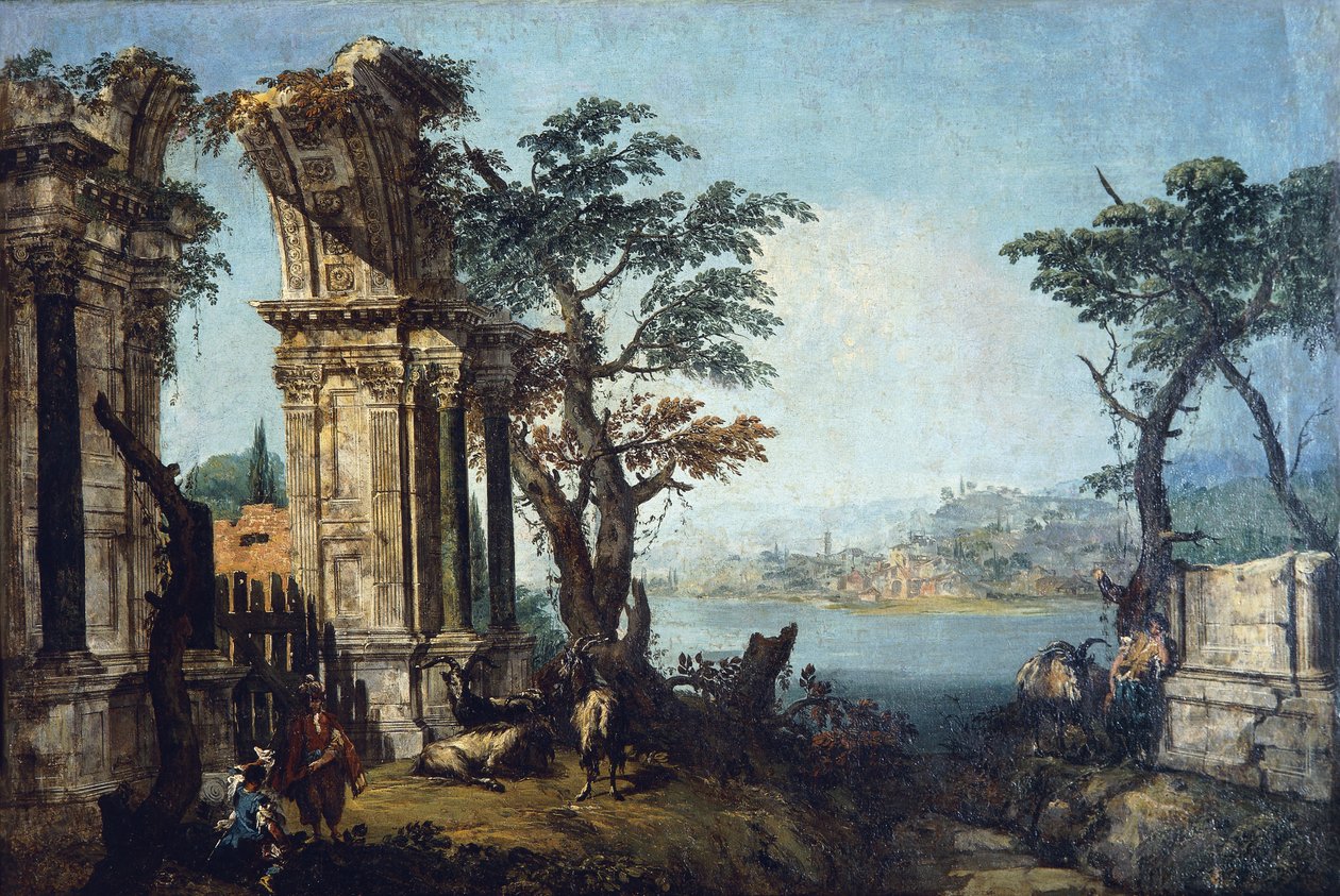Capriccio med klassisk bue og geder af Michele Marieschi