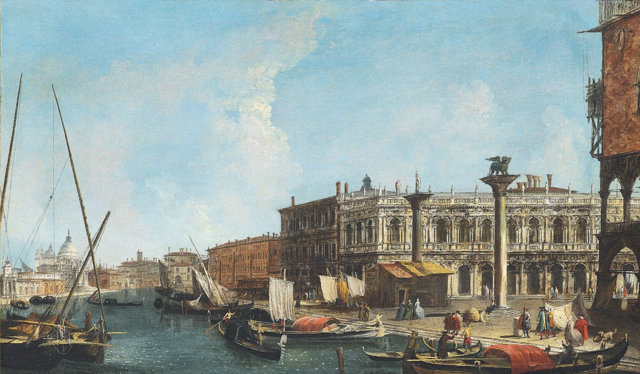 Indgang til Canal Grande i Venedig med Piazetta og Libreria Marciana til højre, Dogana og Santa Maria della Salute til venstre. af Michele Marieschi