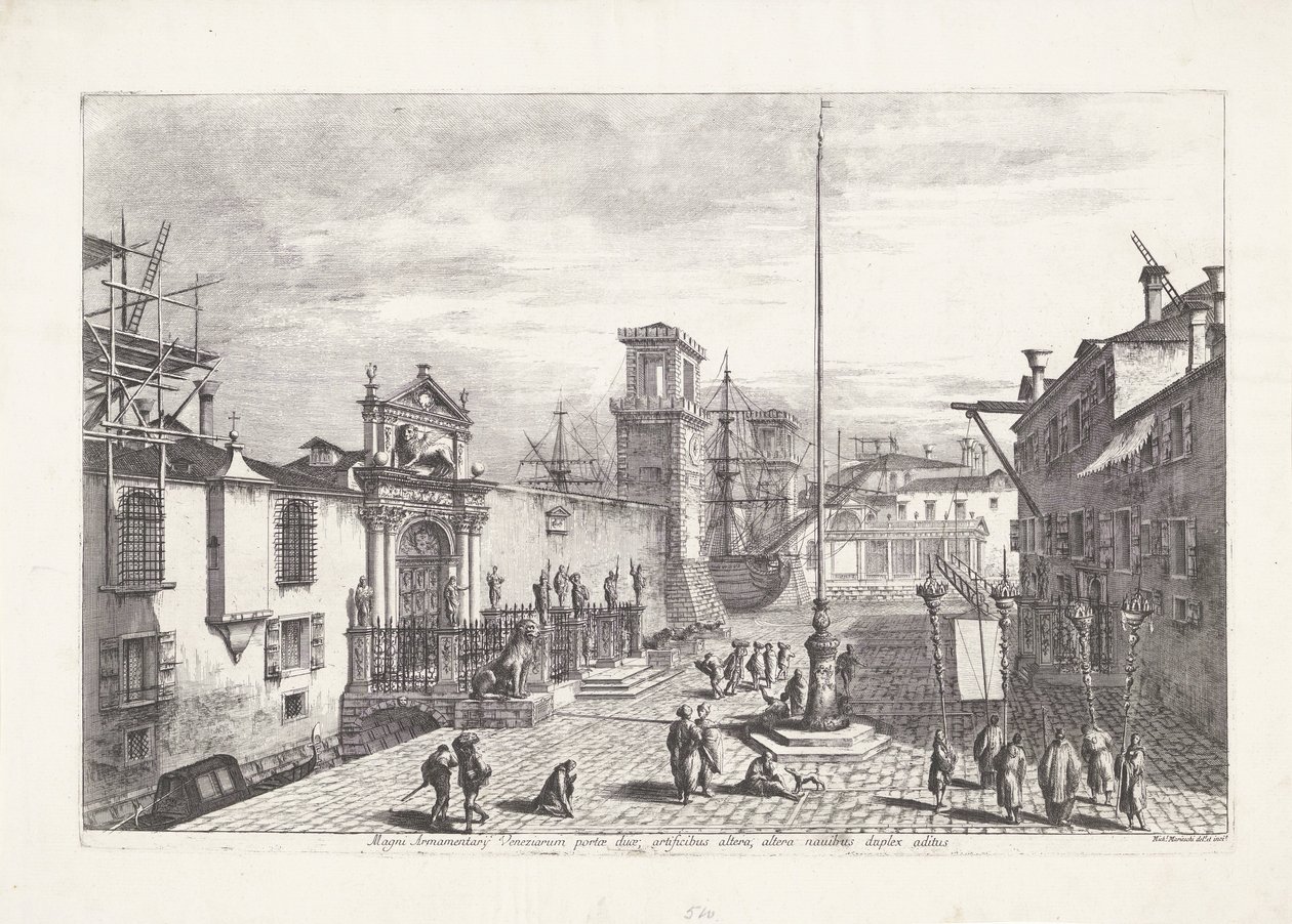 Porta Magna van het Venetiaans Arsenaal De to porte til det store arsenal i Venedig (...) (titel på objektet) Gezichten op Venetië (serietitel) Storslået og udvalgt udsigt over byen Venedig (serietitel) af Michele Marieschi