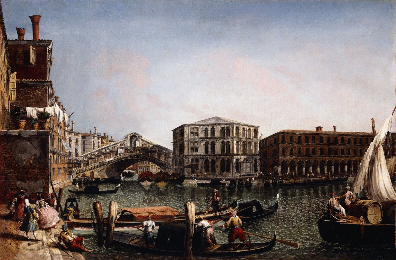 Rialtobroen, Venedig med Fondaco dei Tedeschi i forgrunden, af Michele Marieschi