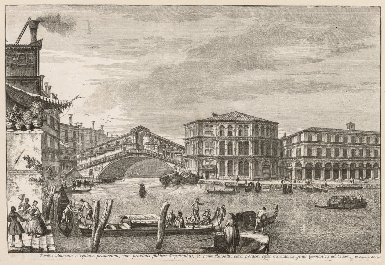 Udsigt over Venedig: Rialto-broen og markedet, 1741. af Michele Marieschi