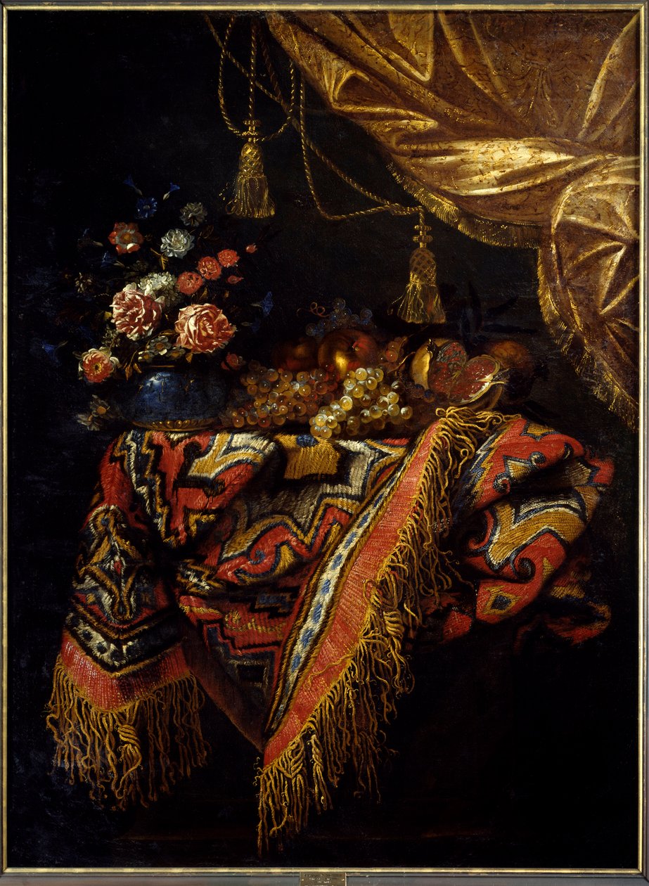 Stilleben Frugter og blomster stillet på en dug. Maleri af Michelangelo Campidoglio (1610-1670) Rennes fra det 17. århundrede, museum for kunst. af Michele Pace del Campidoglio