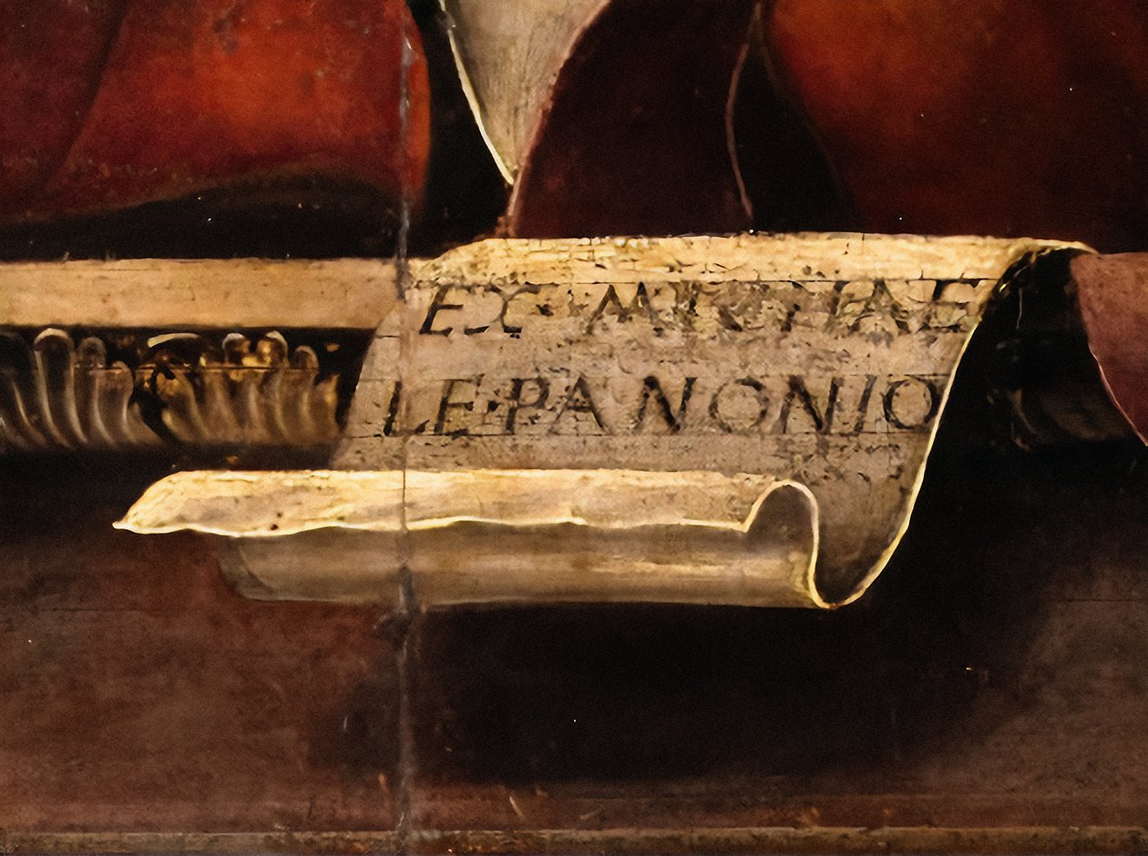 Musen Thalia, detalje, ca. 1456-57 (olie og tempera på poppel) af Michele Pannonio