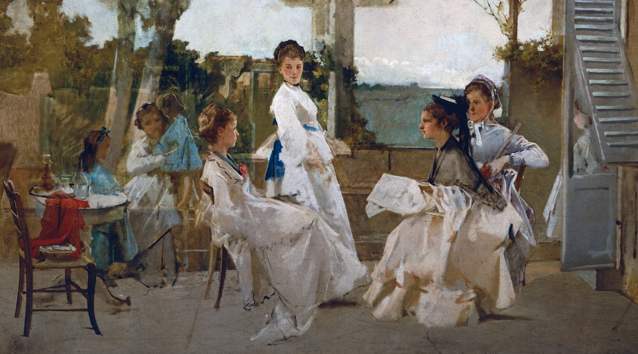 Under pergola, maleri af Michele Tedesco (1834-1917), olie på lærred, 81x139 cm, Italien af Michele Tedesco
