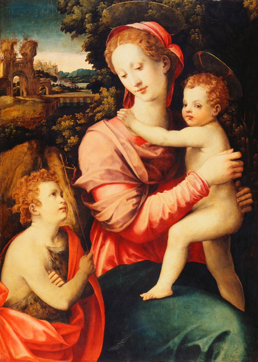 Madonnaen og barnet med spædbarnet Sankt Johannes Døberen, et skovklædt flodlandskab med et imaginært palads bagved, af Michele di Ridolfo Tosini