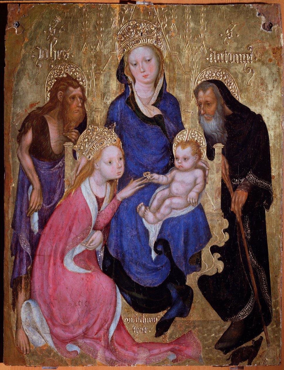 Det mystiske ægteskab mellem Saint Catherine og de hellige Johannes Døberen og Anthony af Egypten - Maleri, omkring 1420 af Michelino Molinari da (attr. to) Besozzo
