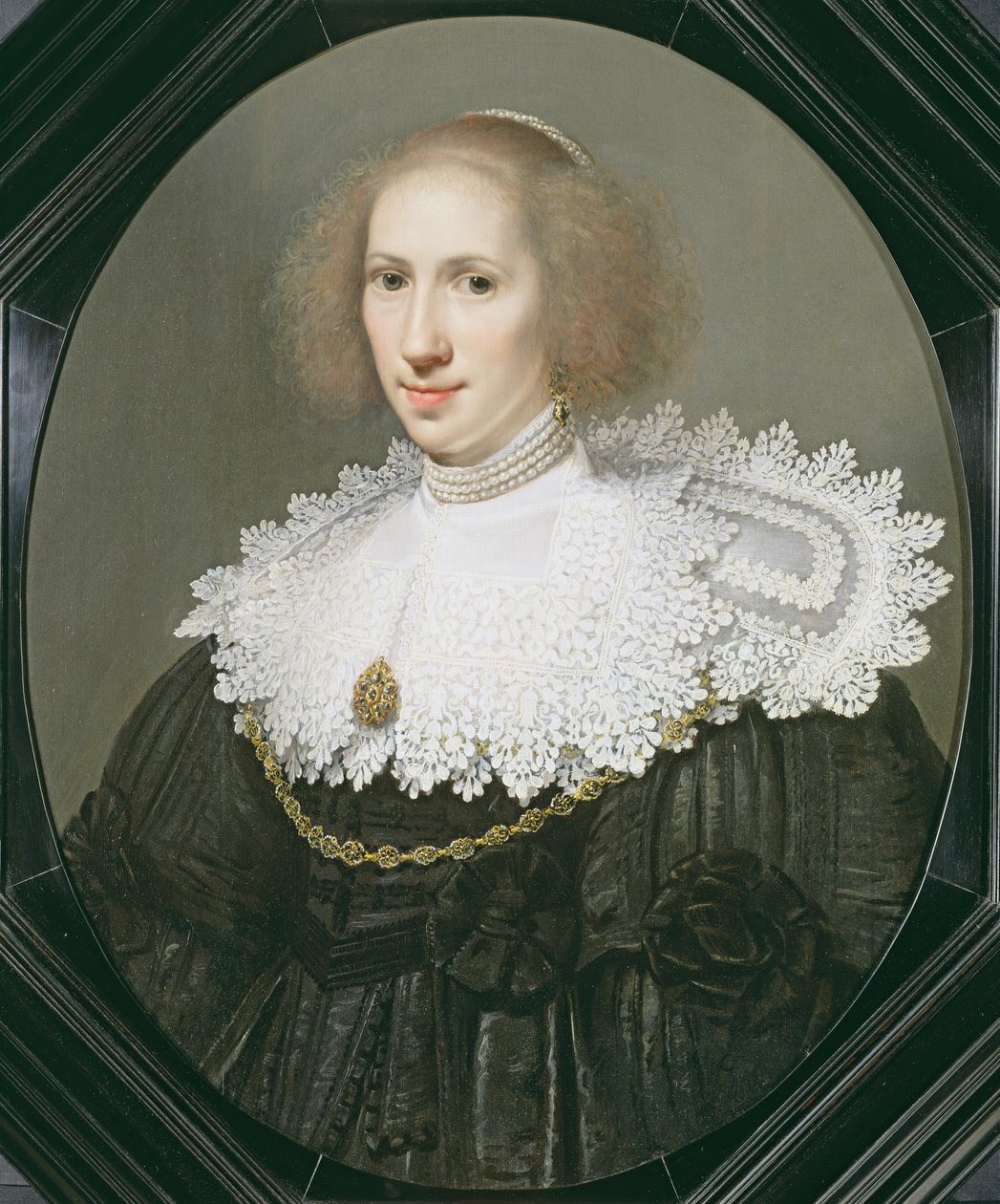Portræt af en dame med blondekrave og perler af Michiel Jansz van Miereveld