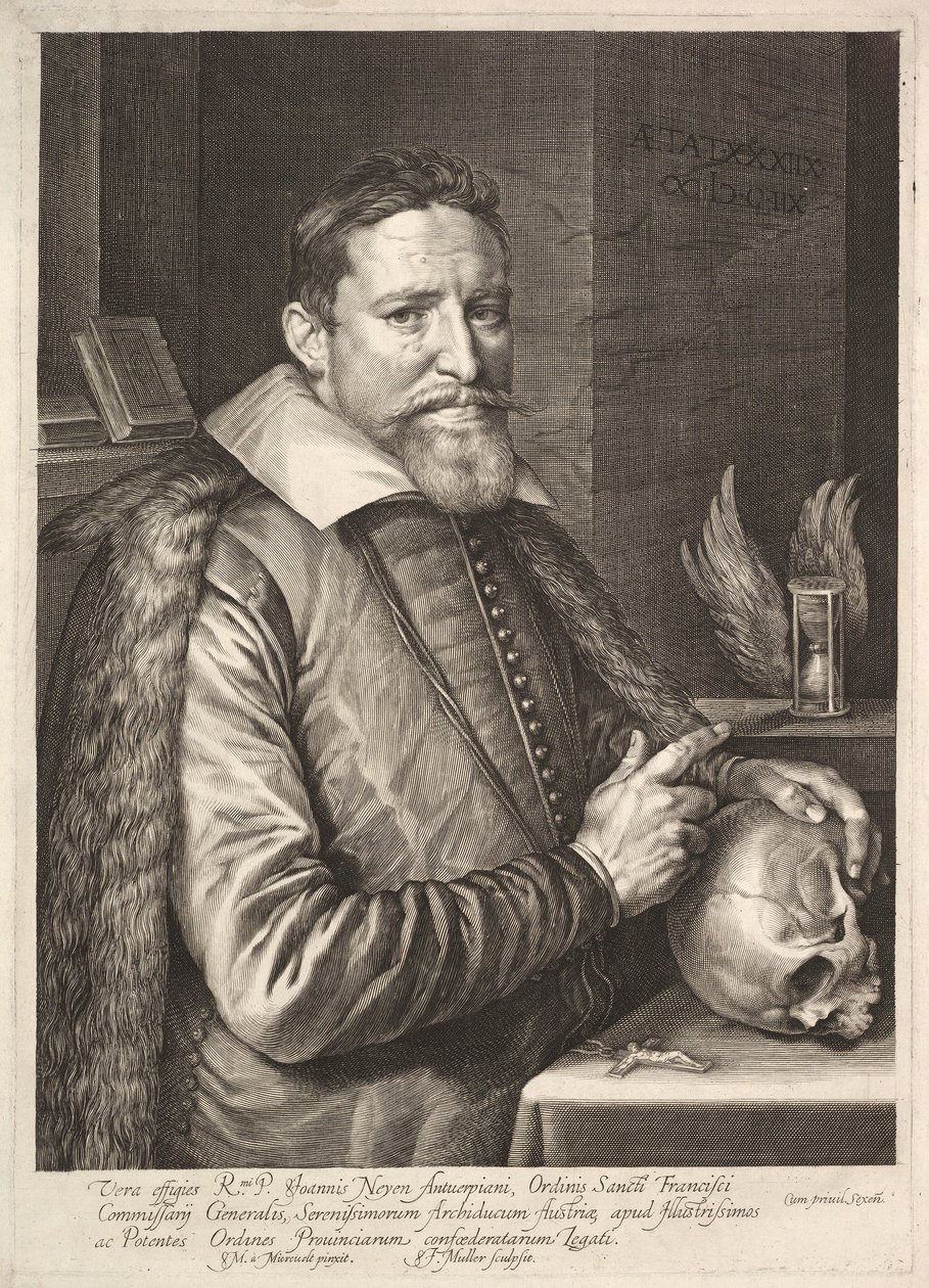 Portræt af Johannes Neyen, General af Franciskanerbrødrenes Orden, Ambassadør i Trier, pub. 1608 af Michiel Jansz. van after Mierevelt