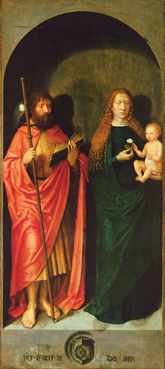 Madonna og barn med apostlen Jakob den Ældre fra venstre hånds udvendige fløj af St. Anthonys alter, ca. 1517-18 (olie og tempera på panel) af Michiel Sittow