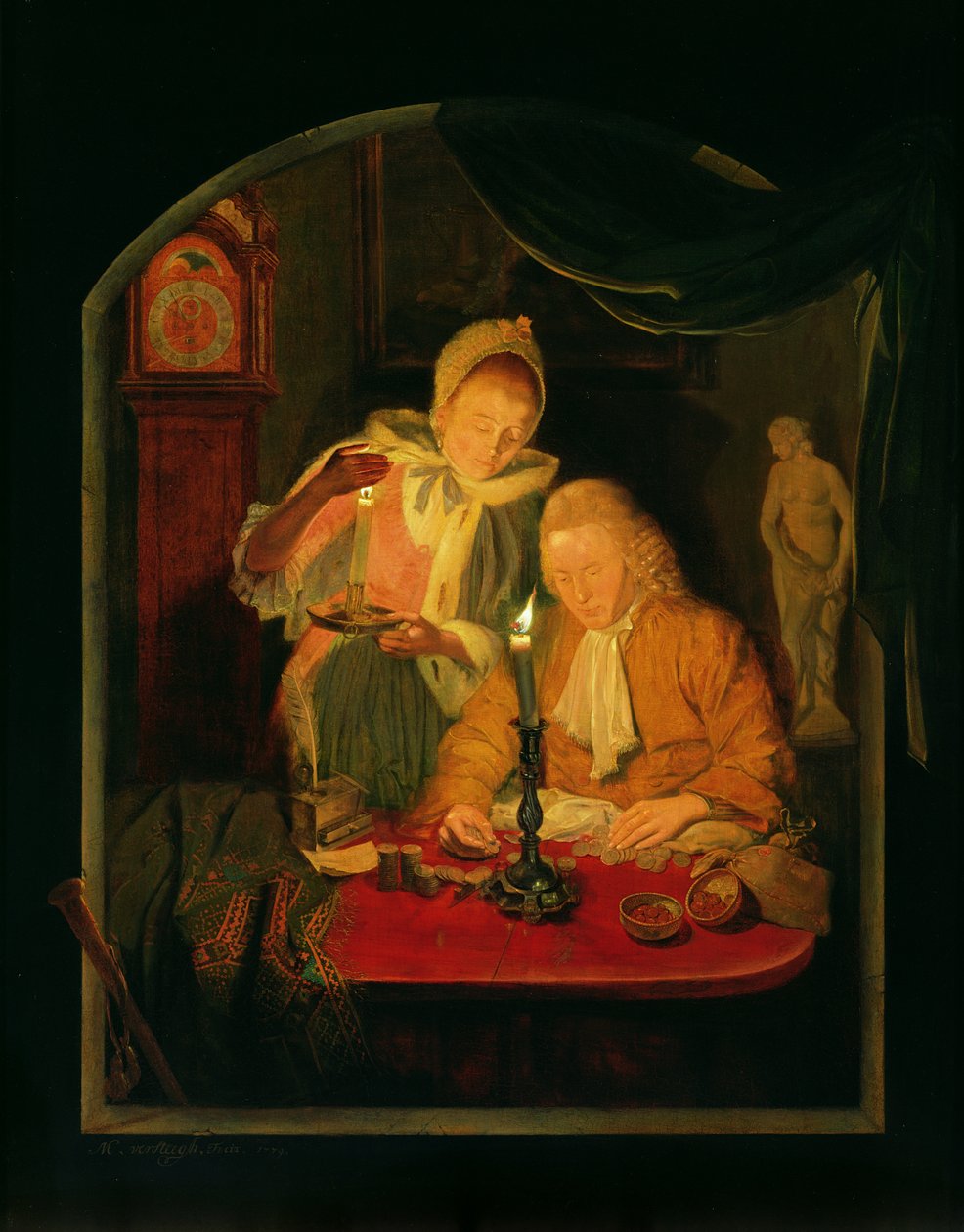 Par tæller penge ved levende lys, 1779 (panel) af Michiel Versteegh