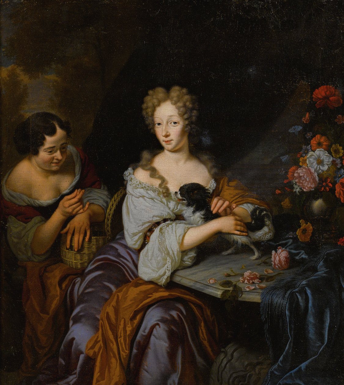 Portræt af en dame med sin hund og en stuepige af Michiel van Musscher