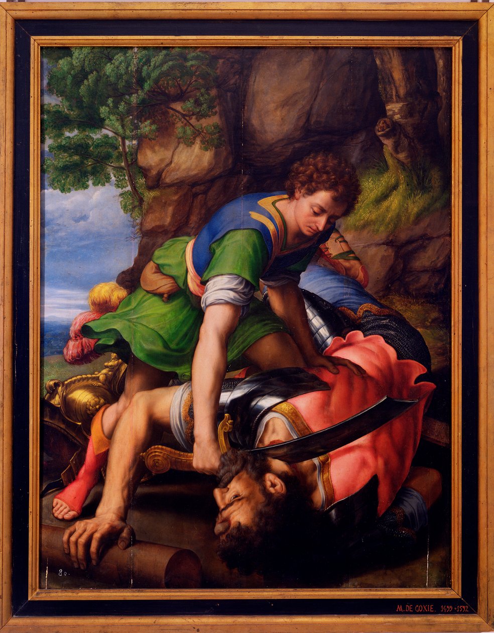 "" David and Goliath "" Painting by Michiel Coxciedani af Michiel I Coxie or Coxcie