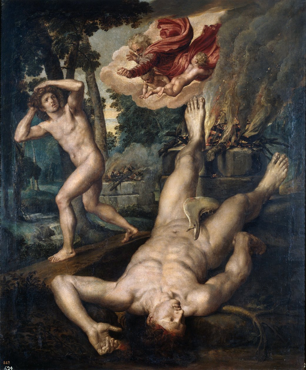 La mort de Abel - Abels død - Peinture de Michiel Coxcie (Coxie, Coxien, De Coxien, De Coxcie, Coxius, Van Coxcie) (1499-1592), efter 1539 - Olie på træ af Michiel I Coxie or Coxcie