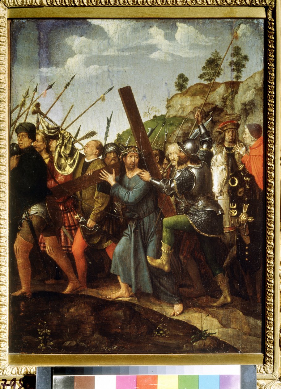 Kristus bærer korset. (Kristus bærer korset). Maleri af Michael Sittow (1460 eller 1468-1525). Olie på lærred, 37,5 x 28,3 cm, ca. 1518-1525. Hollandsk kunst, renæssance. Pushkin Museum of Fine Arts, Moskva. af Michiel Sittow