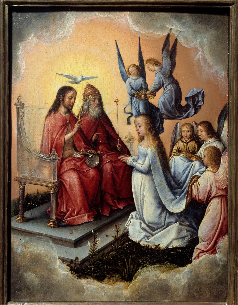 Jomfruens kroning. Jomfruen velsignet af treenigheden (Gud, Kristus og Helligånden) over hende, engle lægger kronen på hendes hoved. Maleri af Michel Sittow (1468-1525) eller Master Michiel, Ec. Hol. af Michiel Sittow