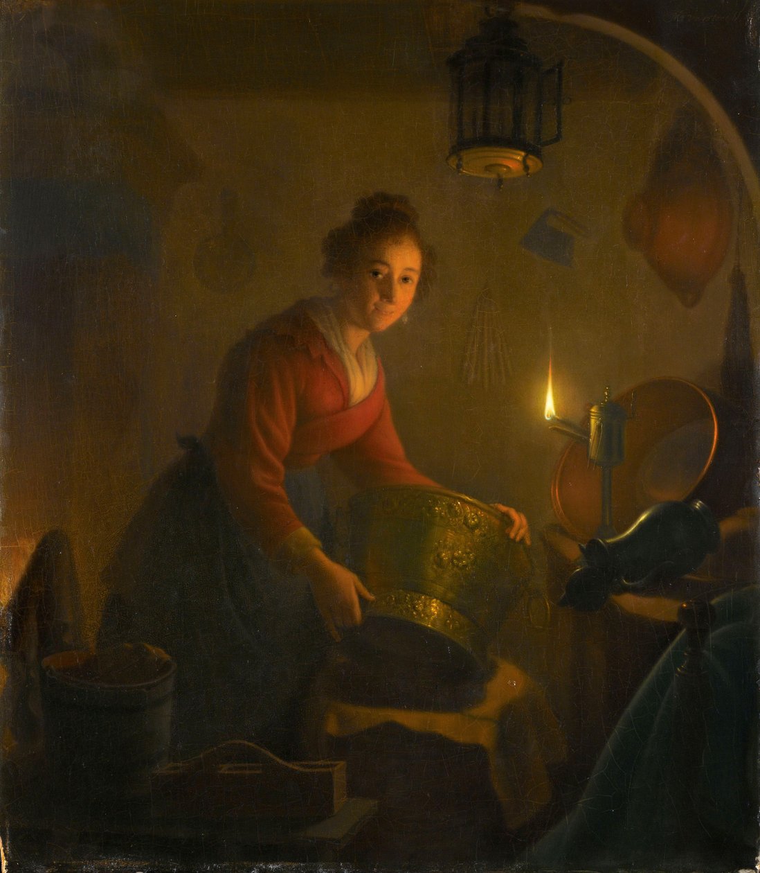Woman in a Kitchen by Candlelight, ca. 1830 (olie på panel) af Michiel Versteegh