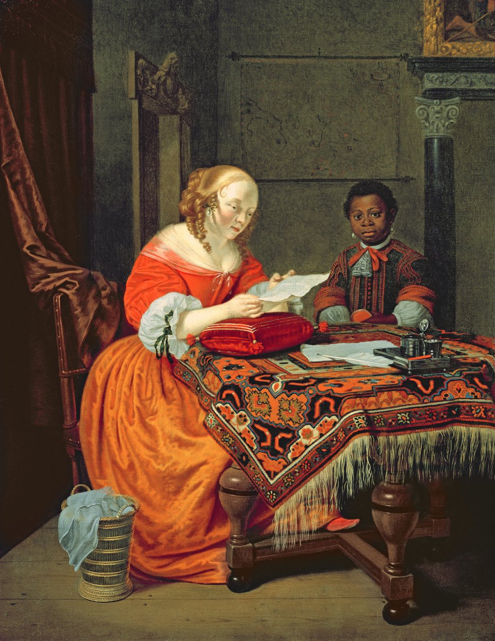 En kvinde læser et brev med en sort tilstede, 1670 af Michiel van Musscher
