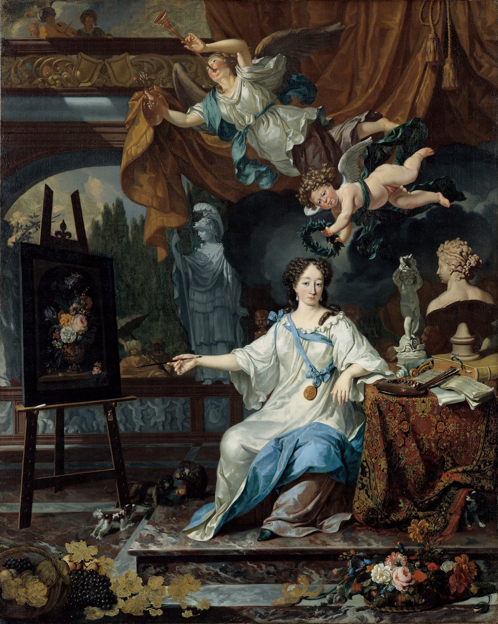 Allegorisk portræt af en kunstner i hendes atelier, ca. 1675-1685 af Michiel van Musscher