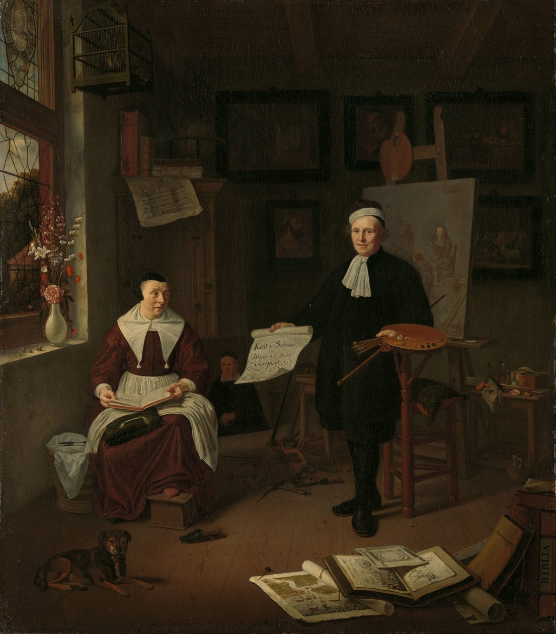 Portræt af Michiel Comans (1614-1687), kalligraf, ætser, maler og skolemester, med sin tredje kone Elisabeth van der Mersche af Michiel van Musscher