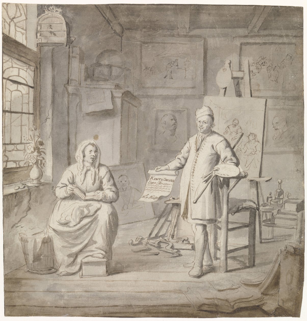 Maleren Michiel Comans og hans tredje kone Elisabeth van der Mersche i atelieret af Michiel van Musscher