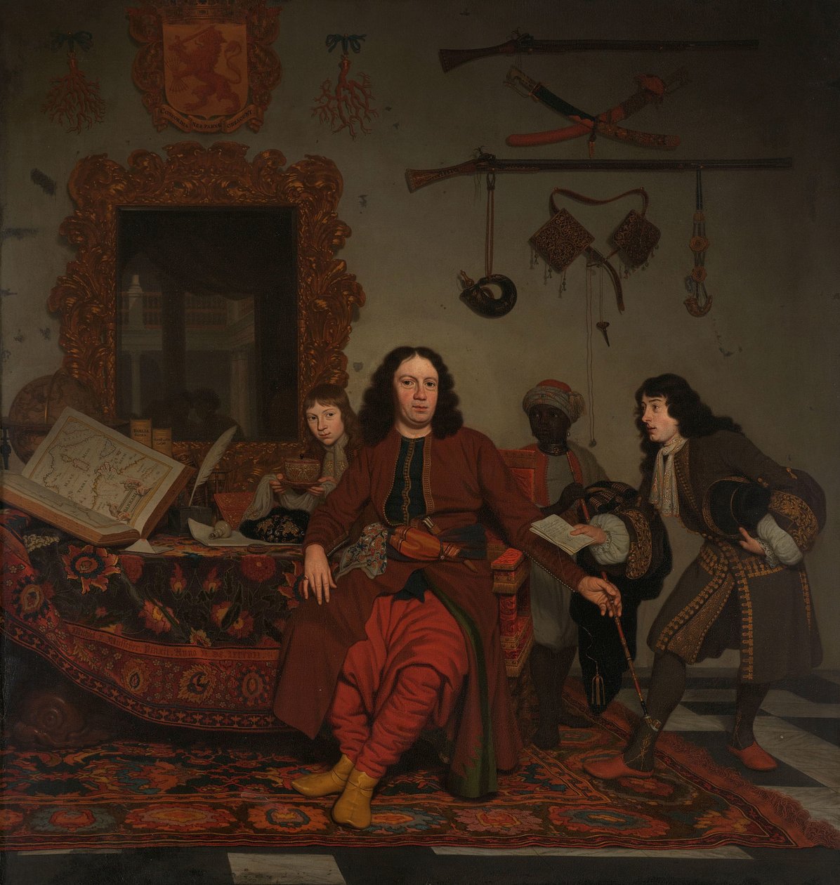 Thomas Hees og hans tjener Thomas og nevøerne Jan og Andries Hees Portræt af Thomas Hees (f. 1634/35), bosat og kommissær for generalstaterne til regeringerne i Algier, Tunis og Tripoli, med sine nevøer Jan (f. 1670/71) og Andries (f. 1). af Michiel van Musscher
