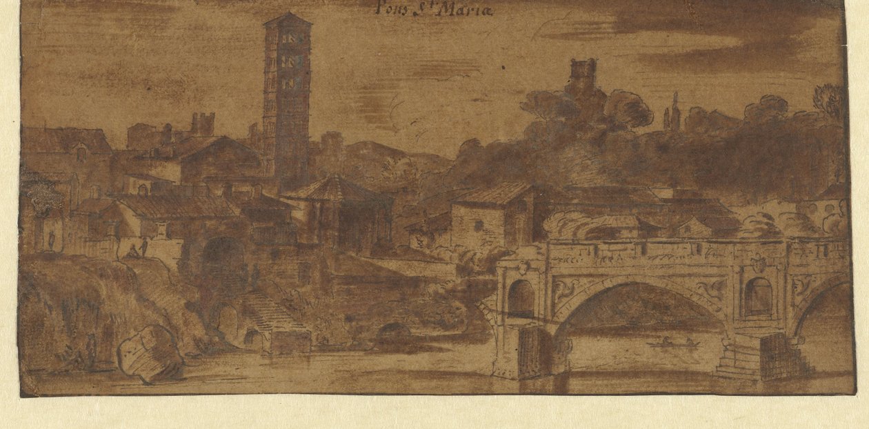 Udsigt over S. Maria i Cosmedin, Vesta-templet og Ponte S. Maria i Rom af Michiel van Overbeek