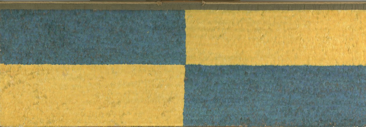 Panel med rektangler af blåt og gult fjerværk, ca. A.D.650-850 (fjer (blå og guld ara), bomuldsklud og camelidfiberdug) af Middle Horizon Epoch 2A