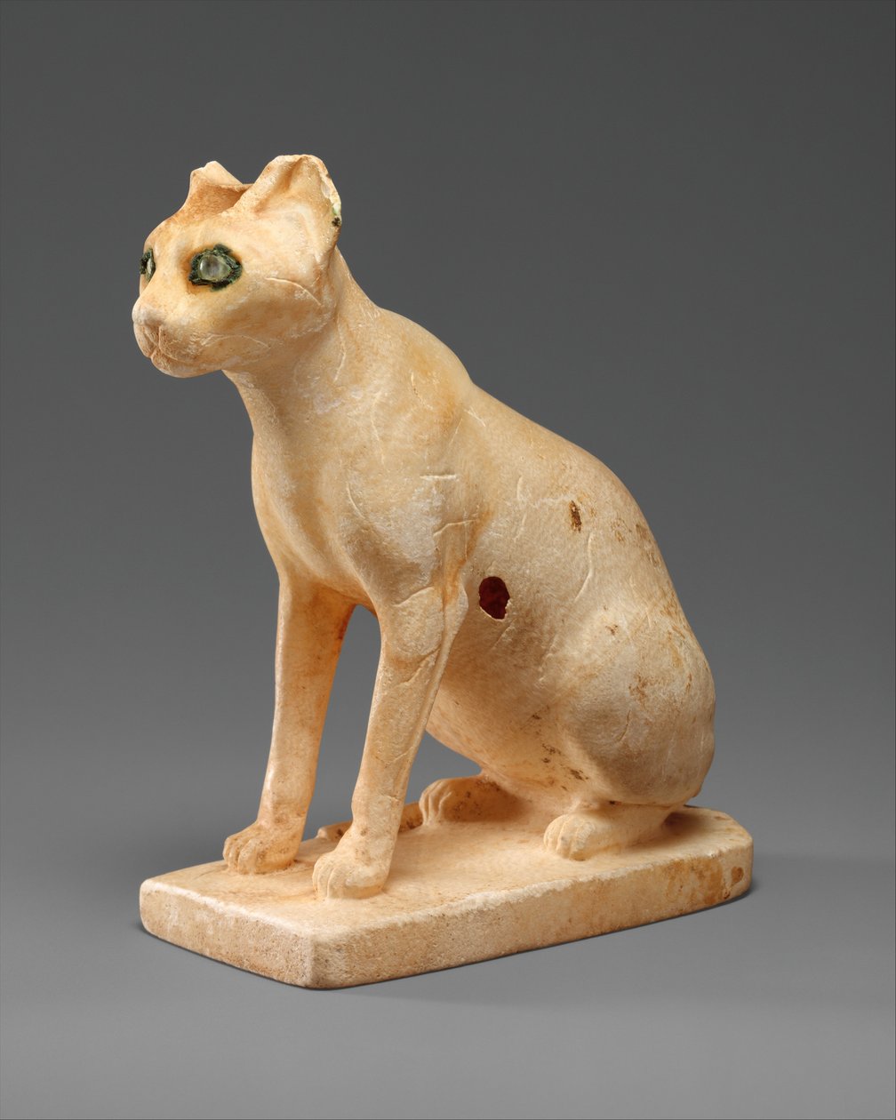 Kosmetisk kar i form af en kat, ca. 1990-1900 f.Kr. (malet travertin, kobber, kvartskrystal) af Middle Kingdom Egyptian