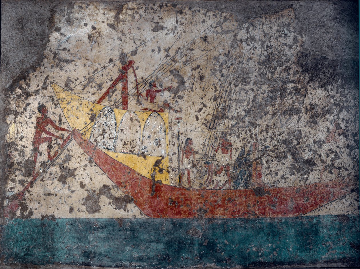 Egyptisk antikvitet: "" Egyptisk militærskib"" Fresko fra en grav. 2000 f.Kr. Torino, Museo Egizio af Middle Kingdom Egyptian