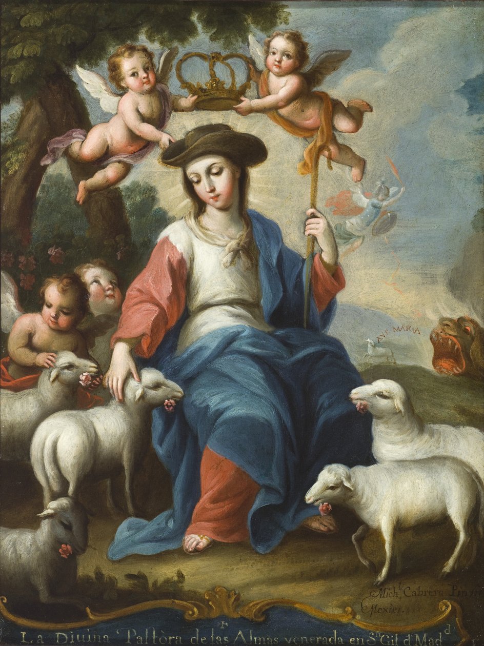 Den guddommelige hyrdeinde (La divina pastora), ca. 1760 (olie på kobber, skildpadde og knogleramme) af Miguel Cabrera