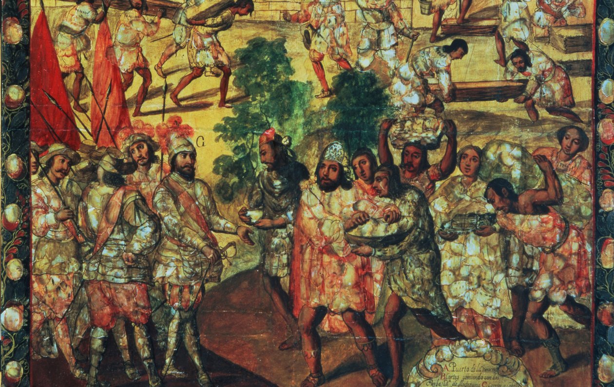 Detalje af Hernan Cortes (1485-1547) kommer ind i Cempoal og modtager høvding Gordo (Quauhtlaebana), der giver kød og gaver til alle spanierne af Miguel Gonzalez