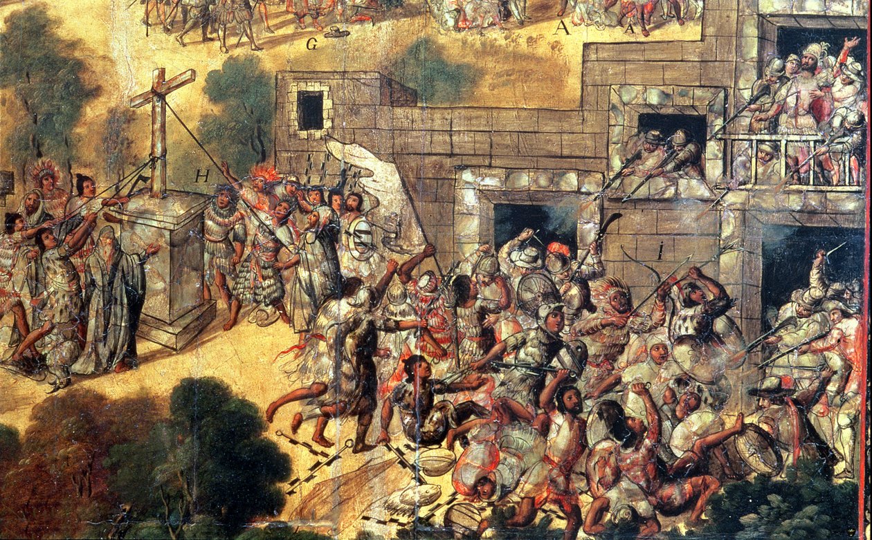 Detalje af forsøget på at trække korset ned over for idolerne og stenkast og pileskud mod Montezuma (1466-1520) 1698 (olie på panel) af Miguel Gonzalez