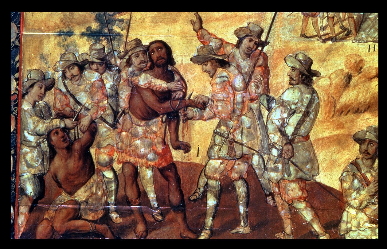 Detalje af Conquistadorerne, der skærer hænderne af Two Spies of Xicotencatl af Miguel Gonzalez