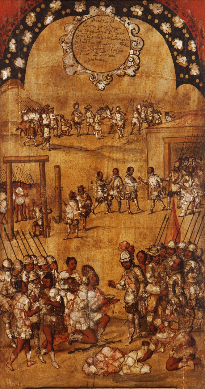 Erobringen af Mexico, Panel III, ca. 1696-1715 (maling på træ) af Miguel Gonzalez