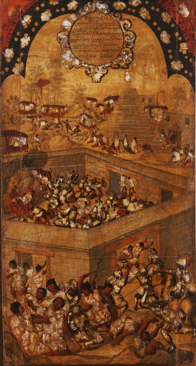 Erobringen af Mexico, Panel VII, ca. 1696-1715 (maling på træ) af Miguel Gonzalez