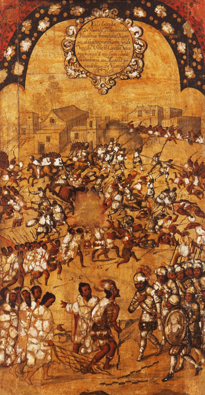 Erobringen af Mexico, Panel V, ca. 1696-1715 (maling på træ) af Miguel Gonzalez