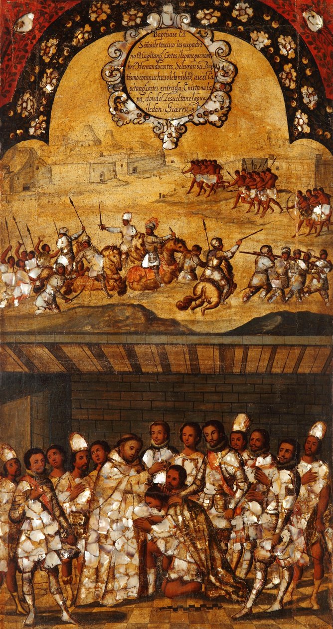Erobringen af Mexico, Panel XIX, ca. 1696-1715 (maling på træ) af Miguel Gonzalez