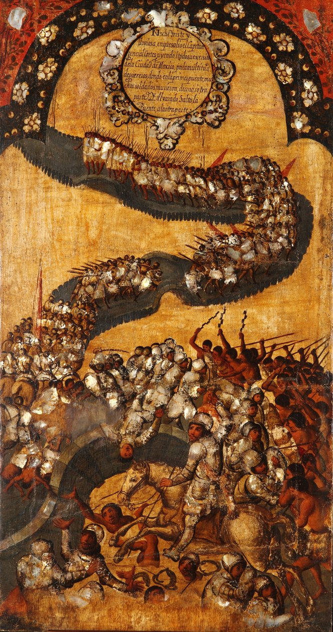Erobringen af Mexico, Panel XVIII, ca. 1696-1715 (maling på træ) af Miguel Gonzalez