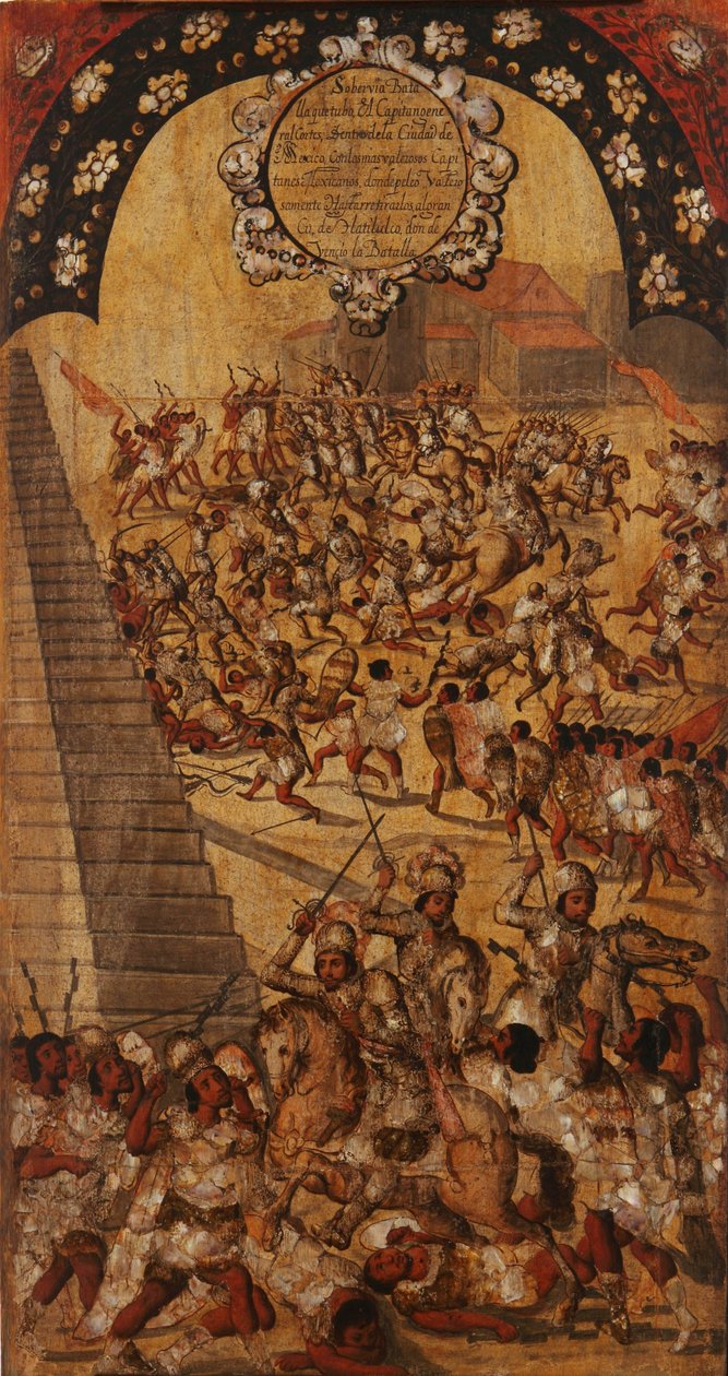 Erobringen af Mexico, Panel XVI, ca. 1696-1715 (maling på træ) af Miguel Gonzalez