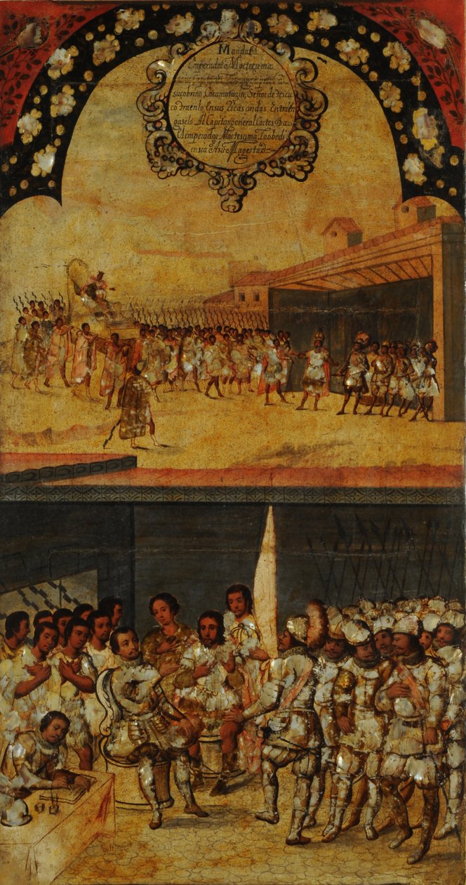 Erobringen af Mexico, Panel XV, ca. 1696-1715 (maling på træ) af Miguel Gonzalez