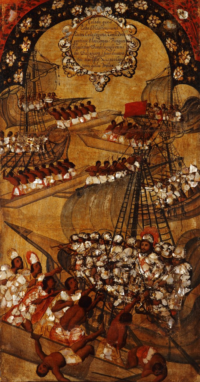 Erobringen af Mexico, Panel XXII, ca. 1696-1715 (maling på træ) af Miguel Gonzalez