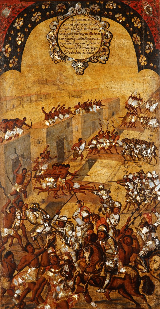 Erobringen af Mexico, Panel XX, ca. 1696-1715 (maling på træ) af Miguel Gonzalez