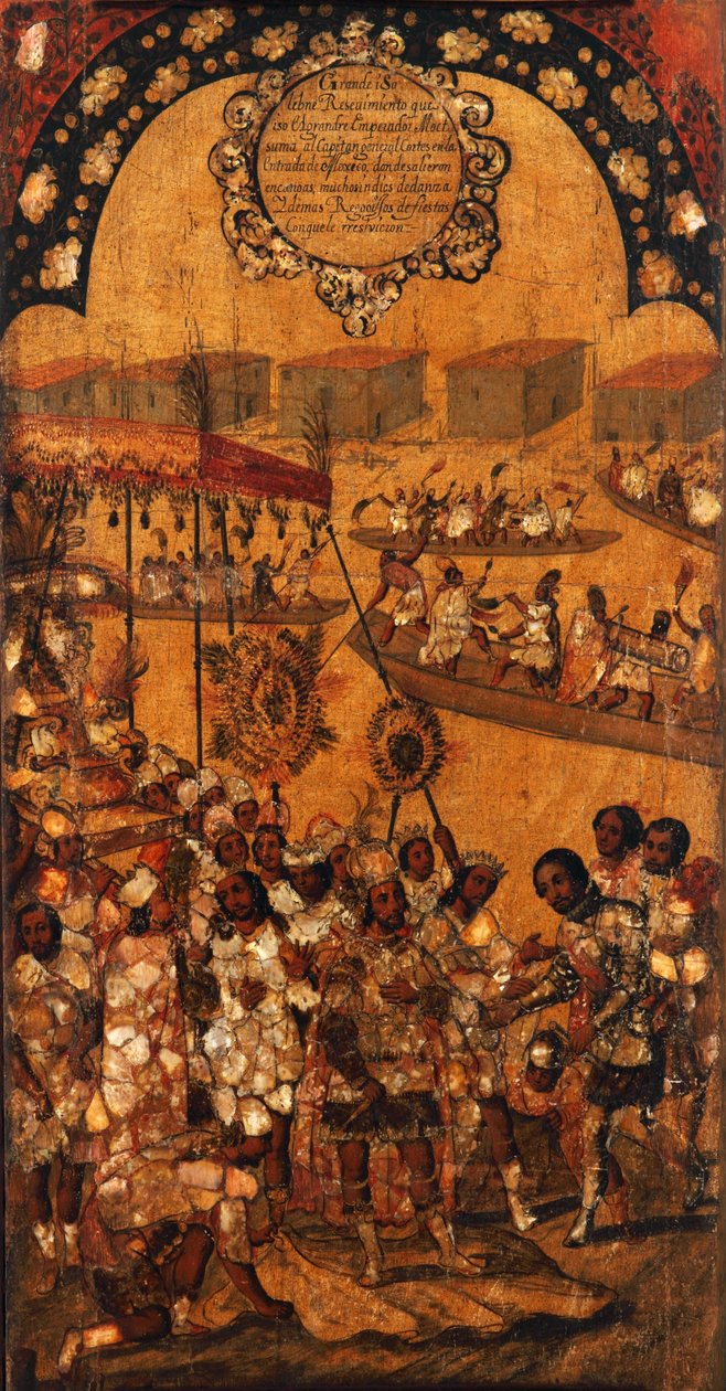 Erobringen af Mexico, Panel X, ca. 1696-1715 (maling på træ) af Miguel Gonzalez