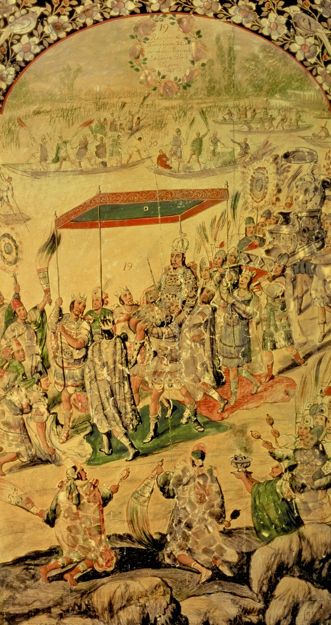 Et af et par paneler, der viser mødet mellem Hernando Cortes (1485-1547) og Montezuma (1466-1520): Montezuma og hans tilhængere, 1698 af Miguel and Juan Gonzalez