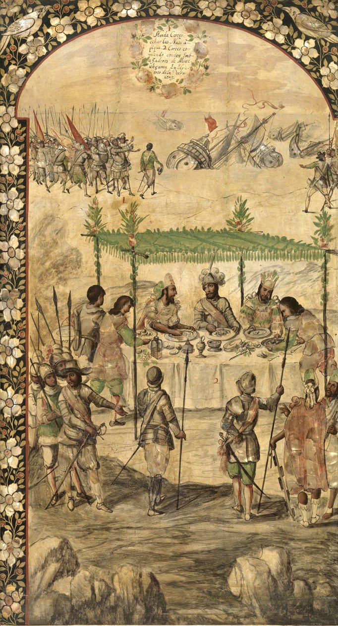 Beordrer ødelæggelsen af skibene og mødes med ambassadørerne fra Montezuma (Moctezuma, Moteuczoma, Motecuhzoma) (1466-1520) i 1520 - Erobringen af Mexico af Hernan Cortes par Gonzalez, Miguel og Juan (aktiv Slutningen af det 17. århundrede). Olie på træ, s af Miguel and Juan Gonzalez