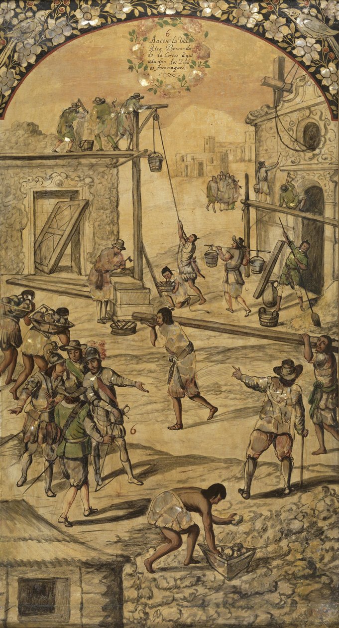 Erobringen af Mexico af Hernan Cortes par Gonzalez, Miguel og Juan (aktiv Slutningen af det 17. århundrede). Olie på træ af Miguel and Juan Gonzalez